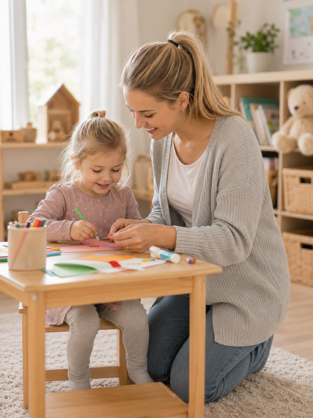 Babysitterin bastelt mit einem Kind an einem Tisch im hellen Kinderzimmer