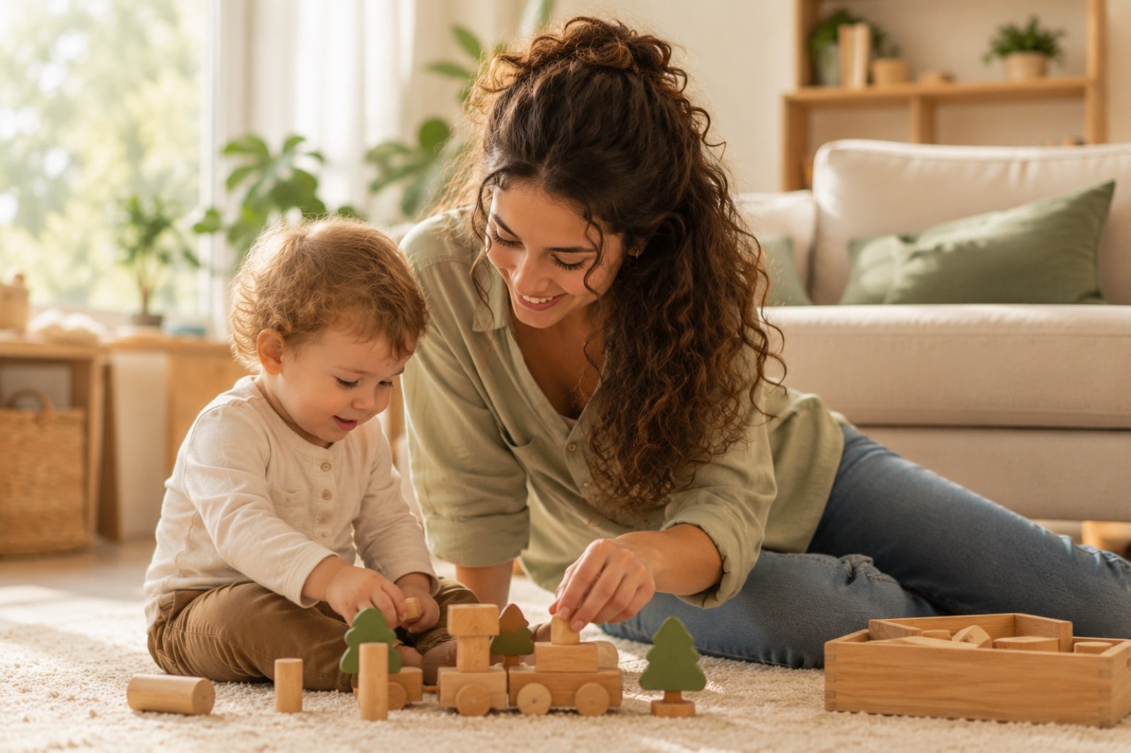 Babysitterin baut mit einem Kleinkind auf dem Wohnzimmerboden mit Holzklötzen